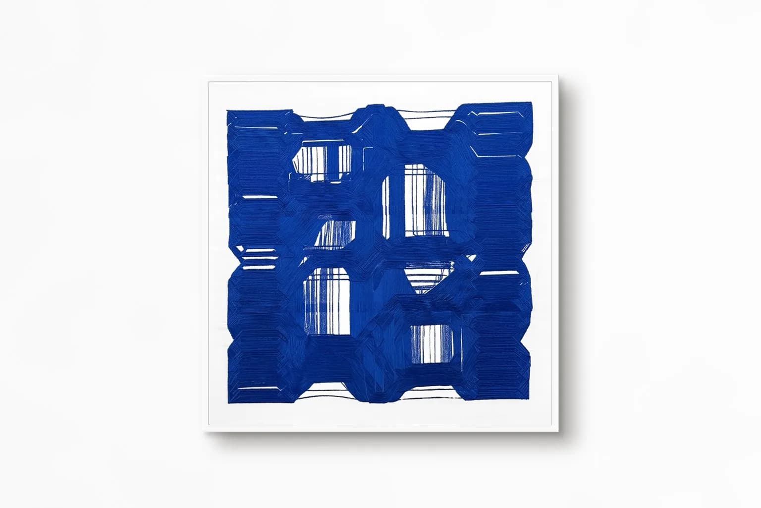 Aura Mare by Richard Nadler — a sculptural blue abstract structure on a white ground, composed of interwoven, densely stitched lines