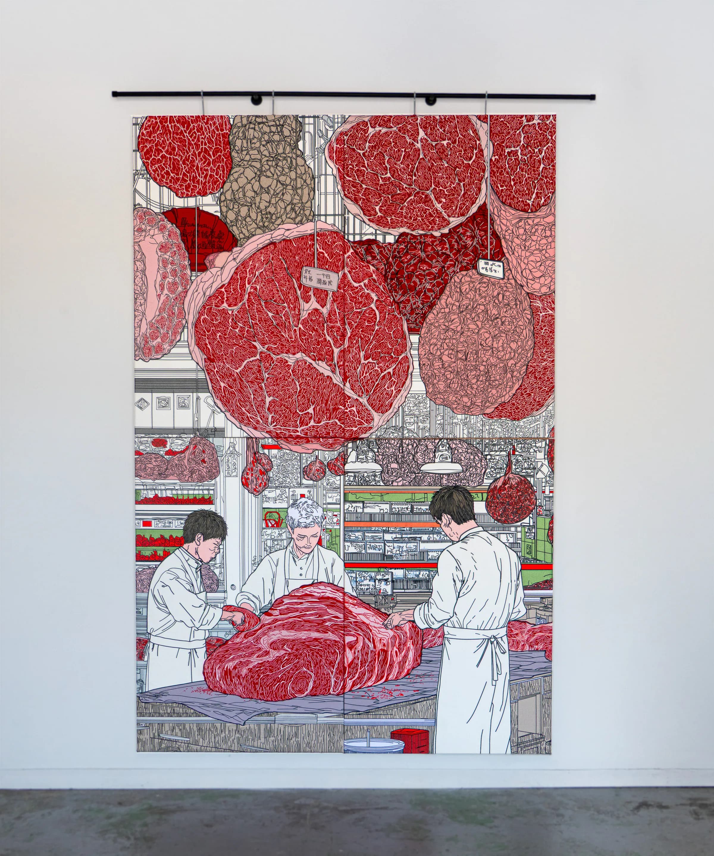 Sanctum Carnis by Richard Nadler — AI-generated cotton embroidery inspired by Japanese butchery and Wagyu marbling