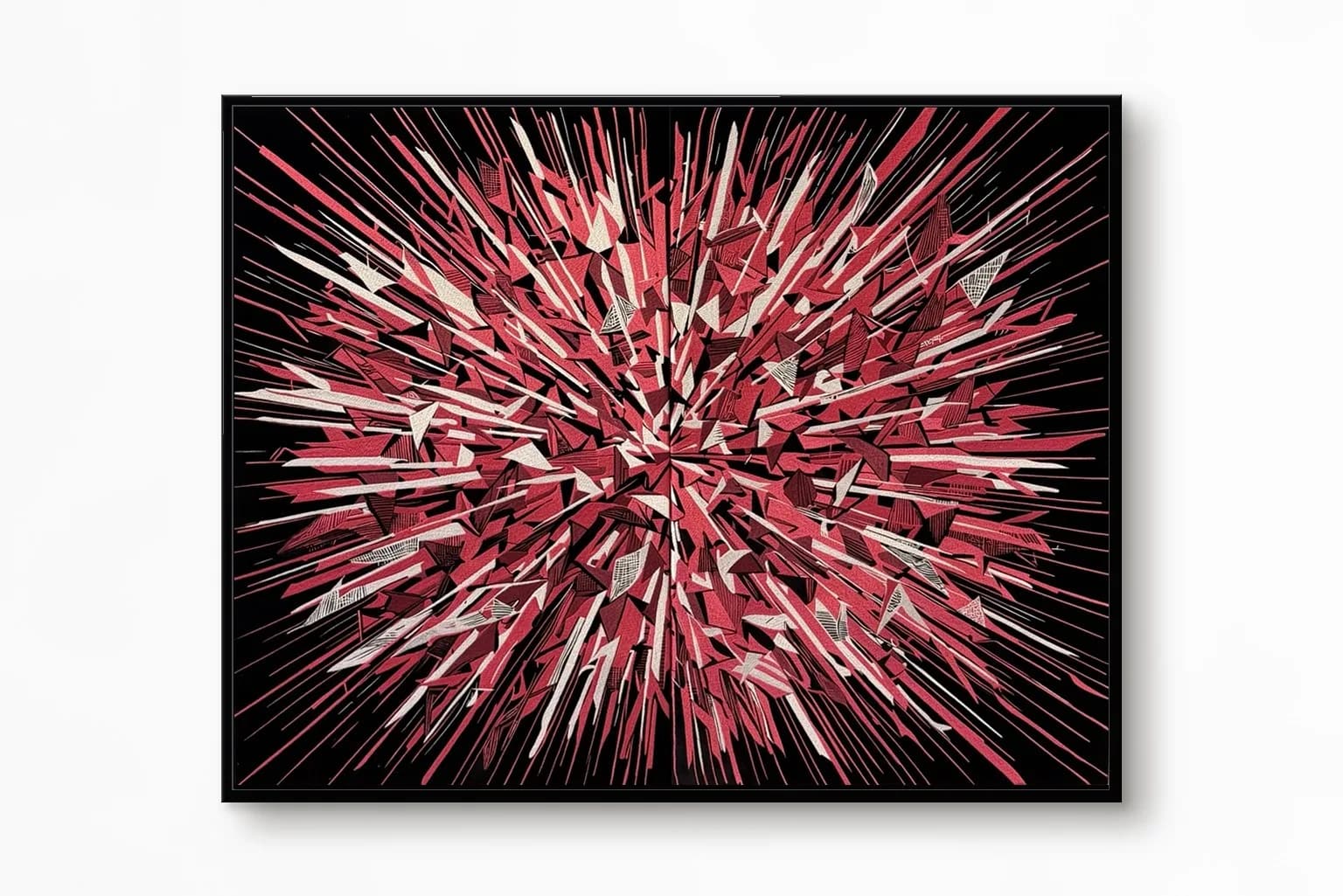 Superbloom by Richard Nadler — an explosive abstract composition of red, pink and white fragments radiating across a black ground